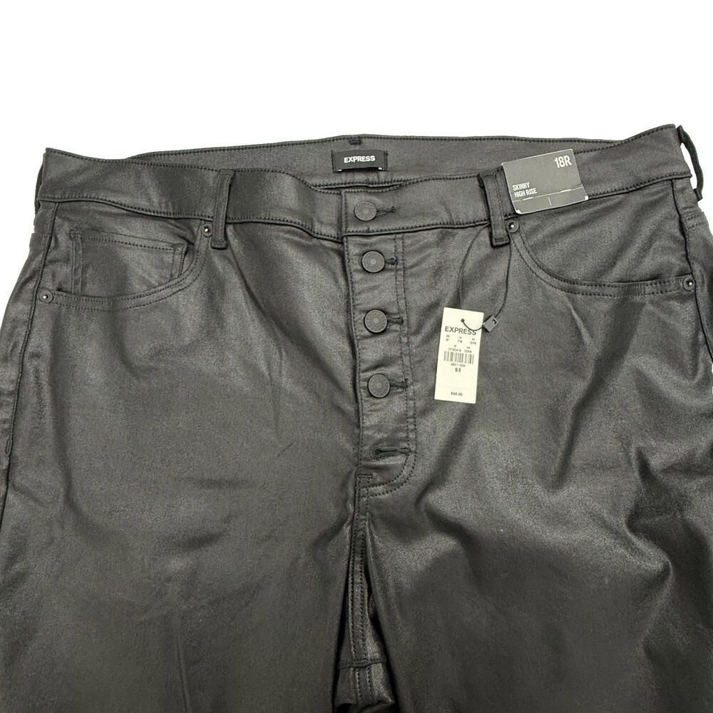 Express Skinny High Rise Jeans Womens Size 18R Shiny Black Button Front 5 Pocket